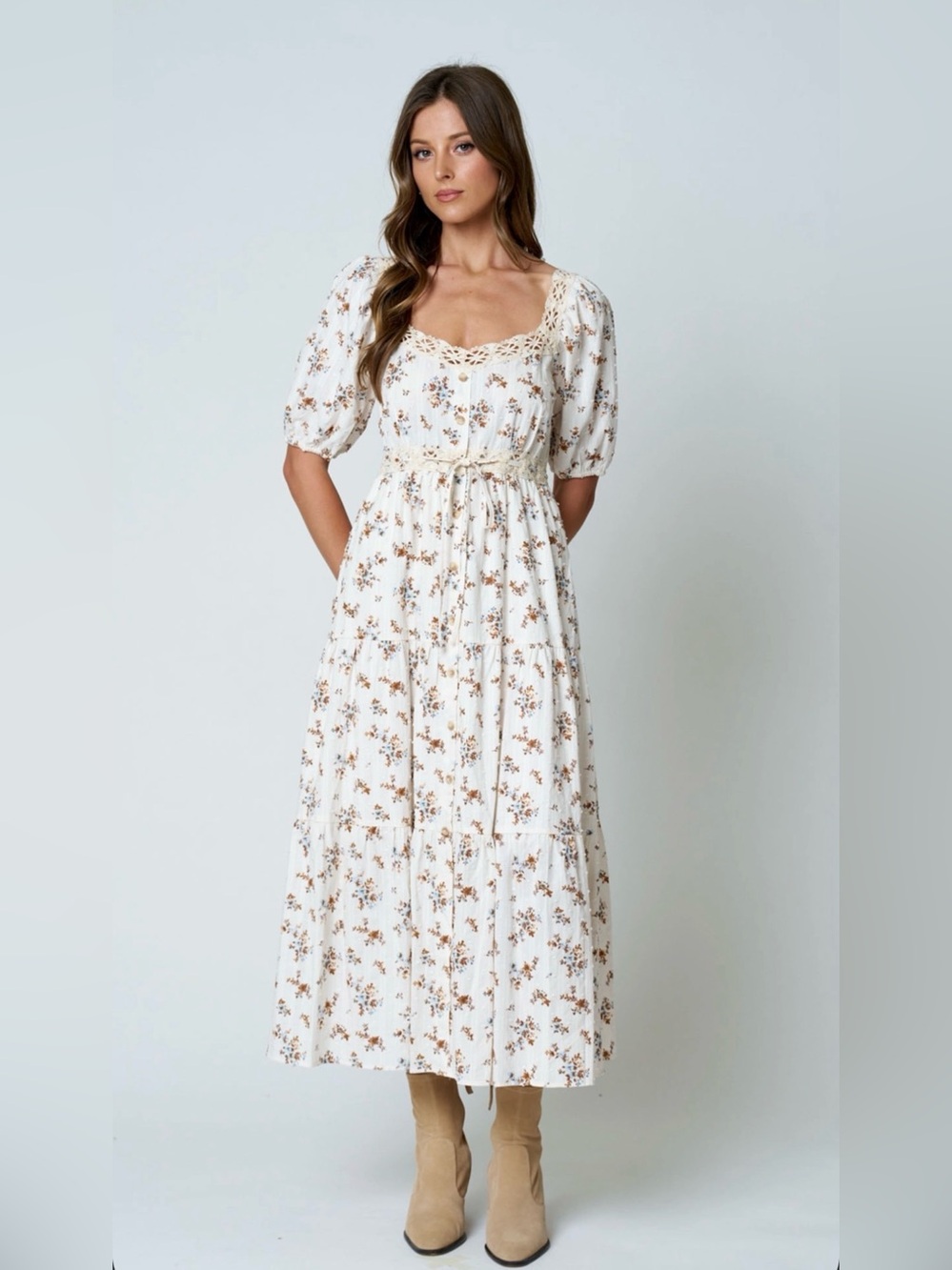 White Floral Lace-Trim Midi Dress